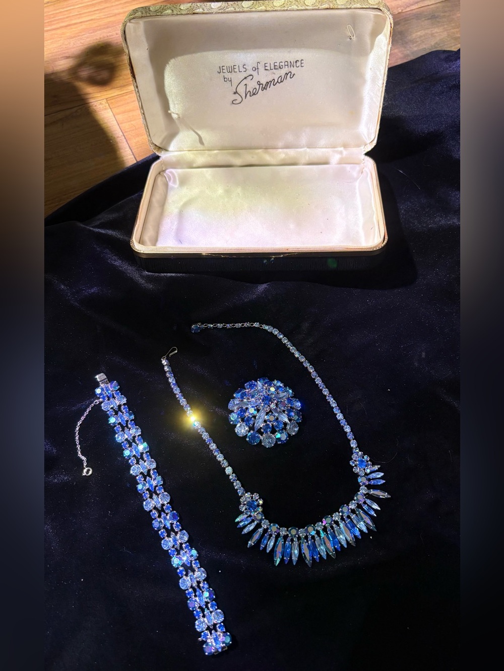 Sherman Blue Aurora Crystal Necklace, brooch & Bracelet Set